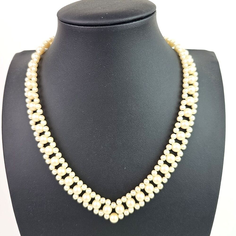 Vintage Faux Pearl Necklace Beaded V Multi Strand Collar Necklace 16 in Glamour